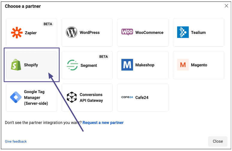 Select the partner as Shopify