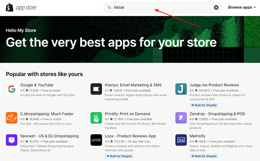 Search TikTok On shopify App Store