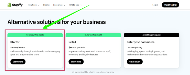 Shopify Starter Plan Pricing